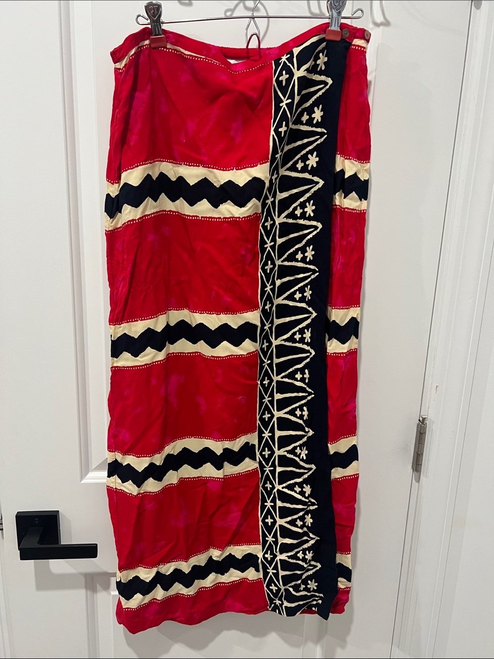 Chico's Red Wrap Maxi Skirt with Black & Cream Patterned Panel Size 1